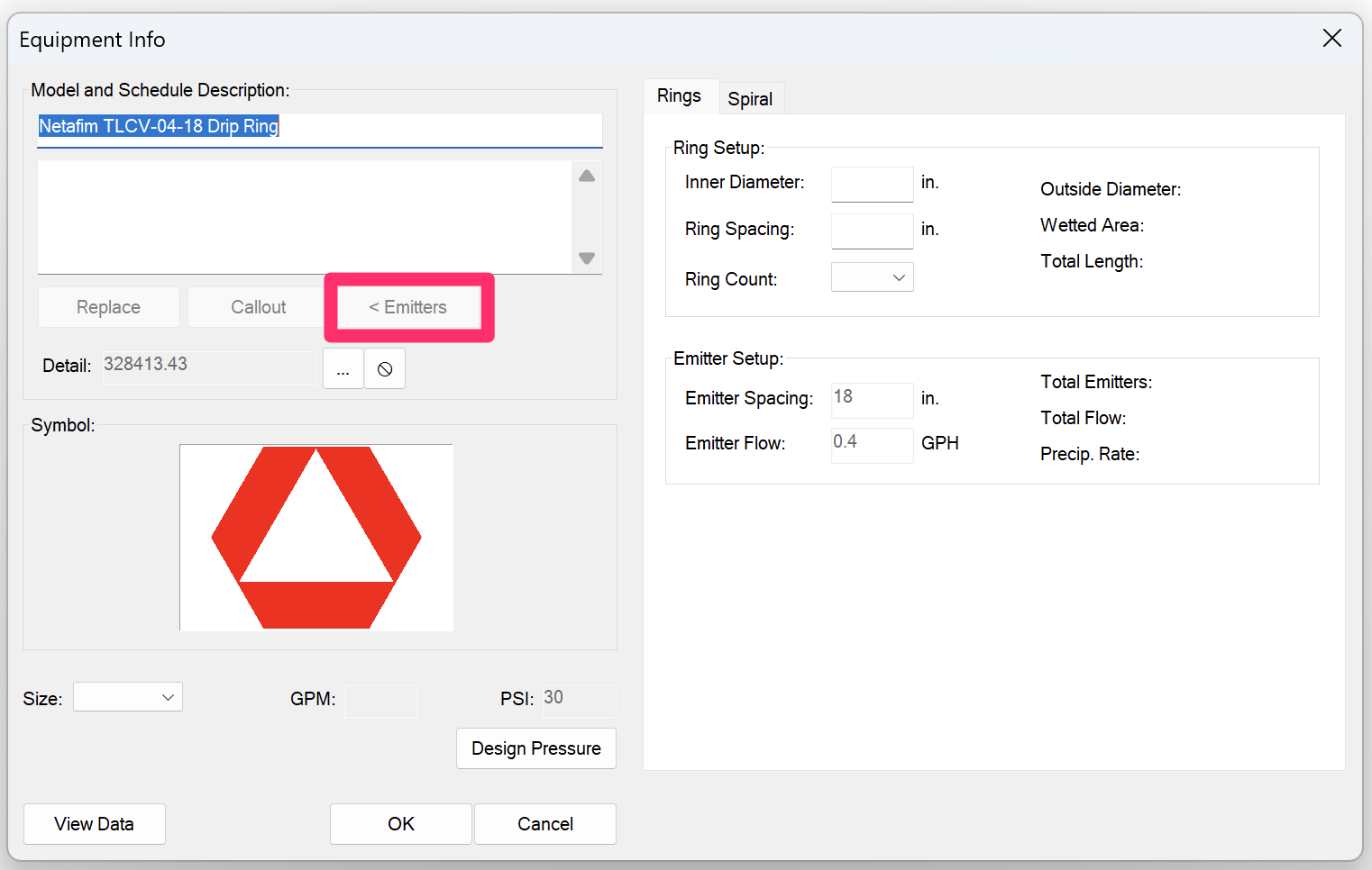 Equipment Info dialog box, Emitter button