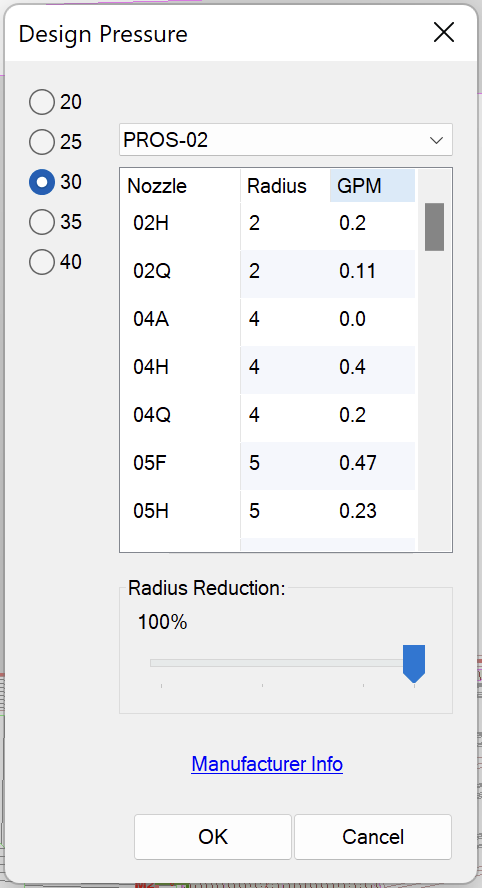 New version of the design pressure dialog box