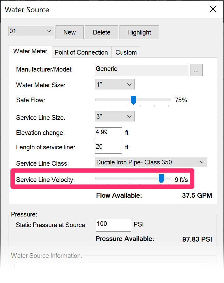 Water meter, Service Line Velocity setting