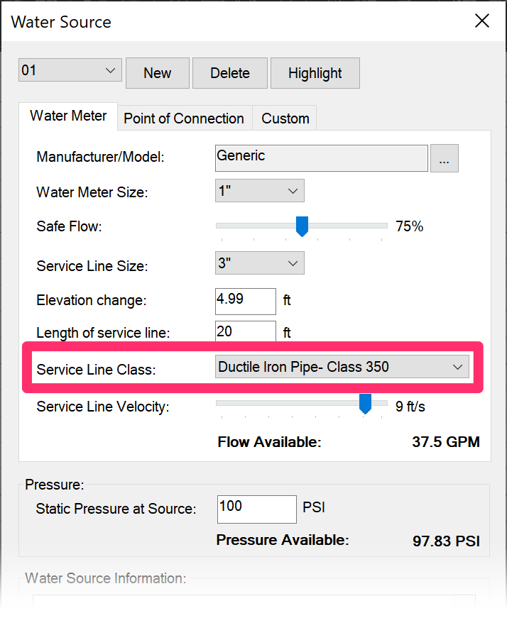 Water meter, Service Line Class setting