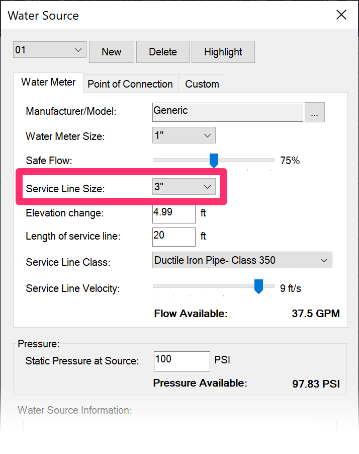 Water meter, Service Line Size setting