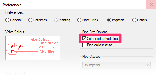 Irrigation Preferences, Color-code sized pipe option