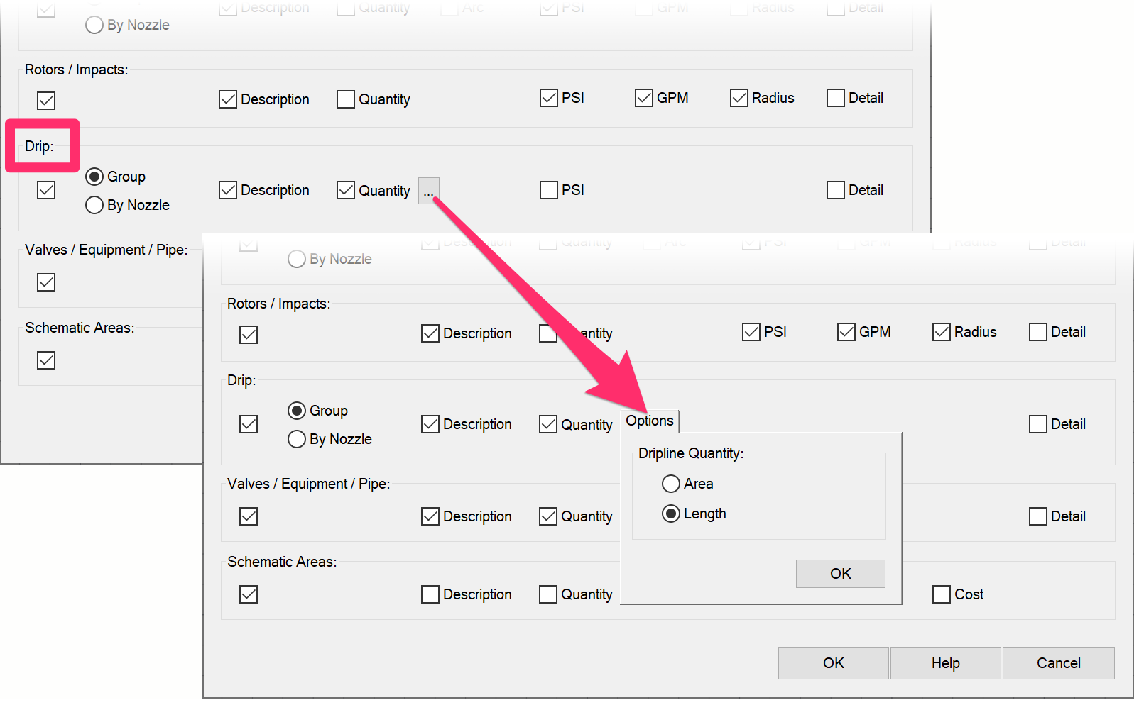 Drip quantity options