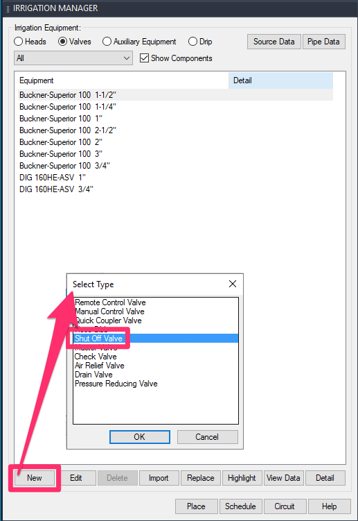 Shut-off valves in menu