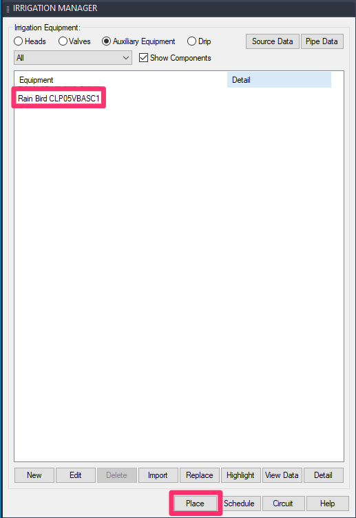 Place auxiliary equipment from Irrigation Manager