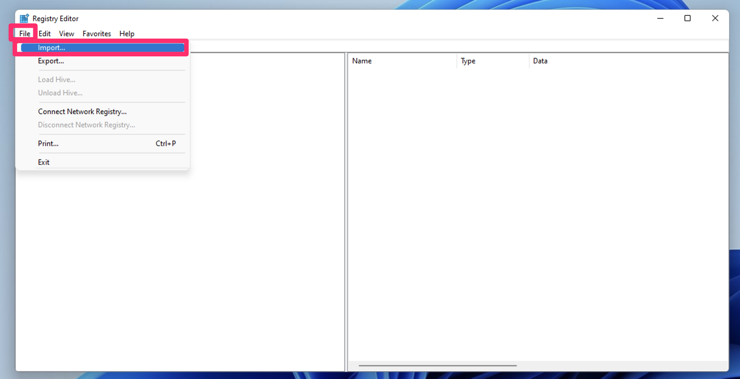 Selecting File > Import in the Registry Editor