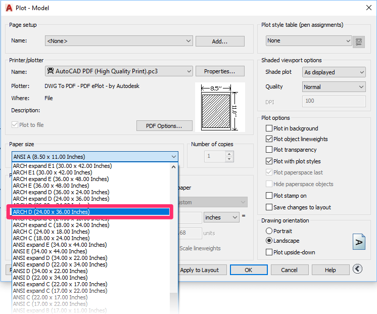 choose ARCH D (24 x 36 Inches) paper size