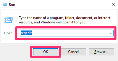 Run dialog box regedit