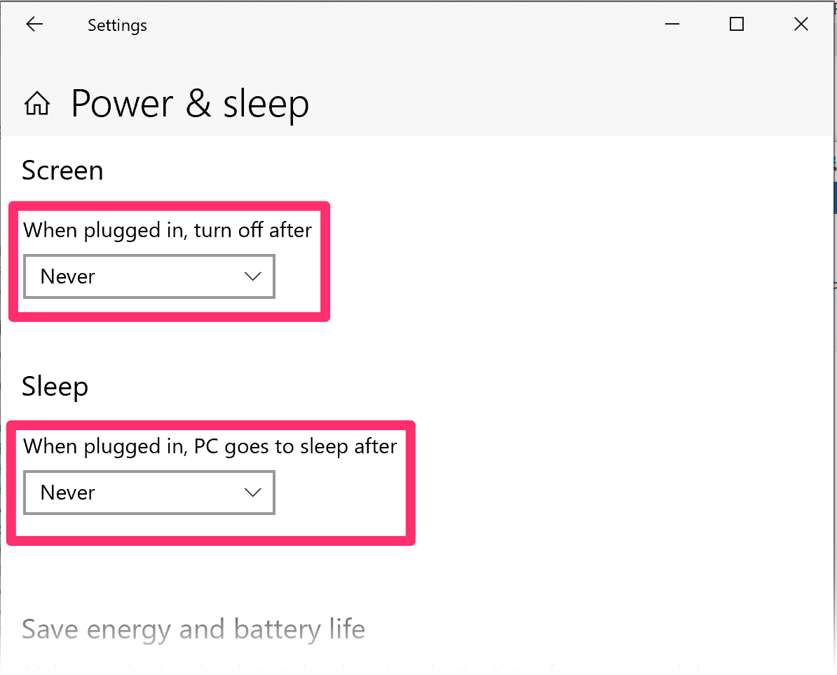 Sleep settings menus