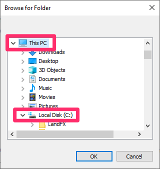 Browse for Folder dialog box