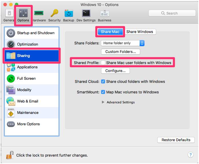 parallels windows cannot access mac