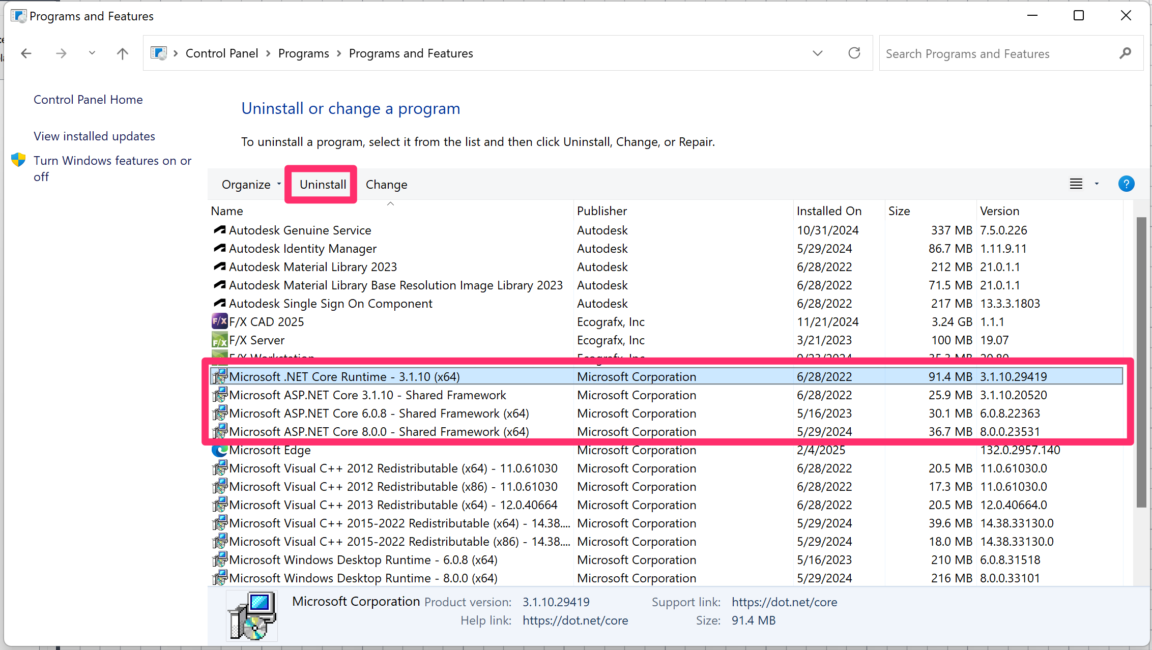 Uninstalling .NET items from the Windows Control Panel