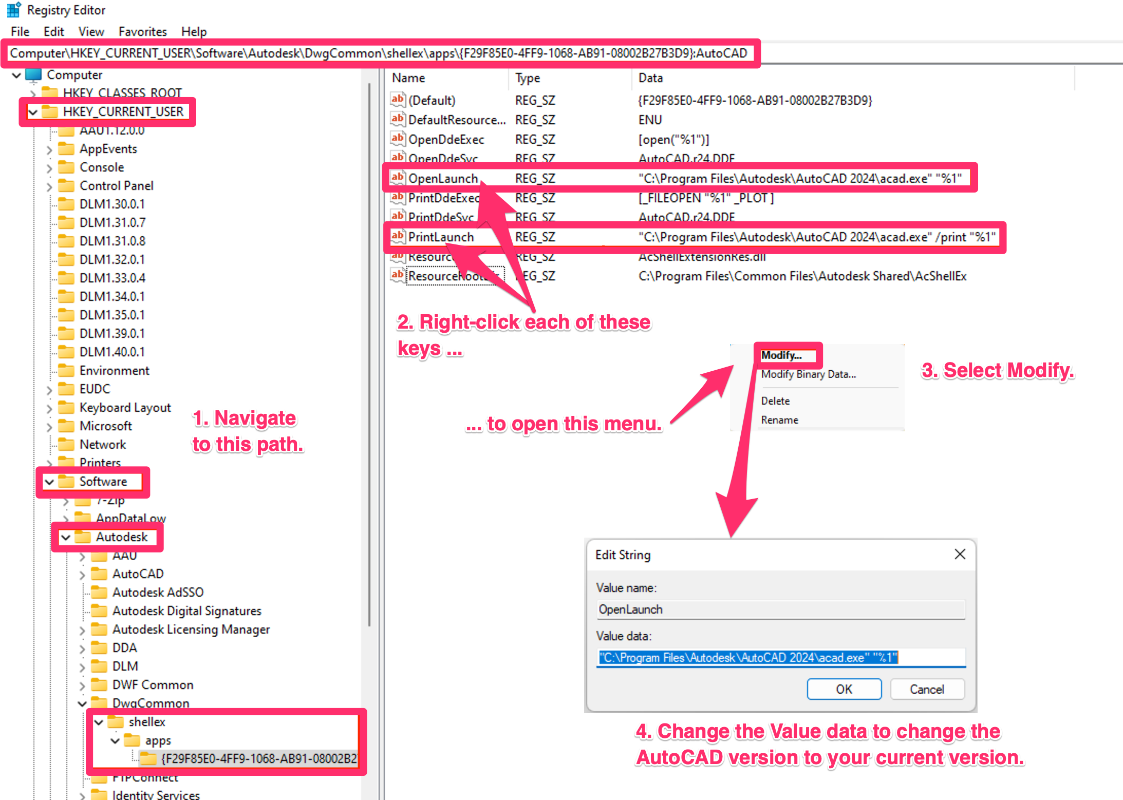 Editing the registry keys to set the current version of CAD