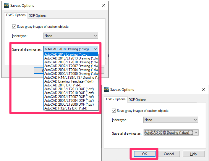 Default file save format in AutoCAD 2019