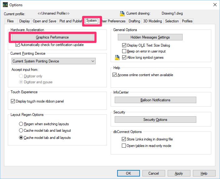 graphics performance dialoge box autocad for mac