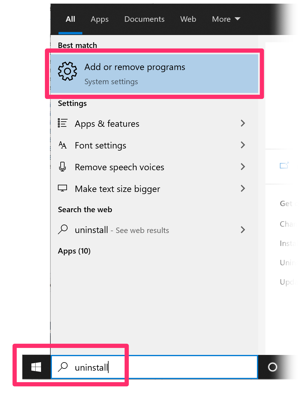 In Windows Start search, type Uninstall