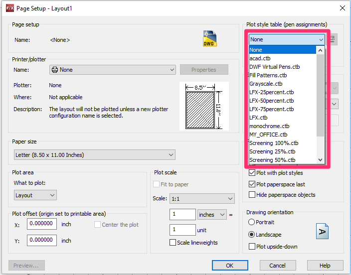 Plot Style Table menu in Page Setup dialog box showing CTB files