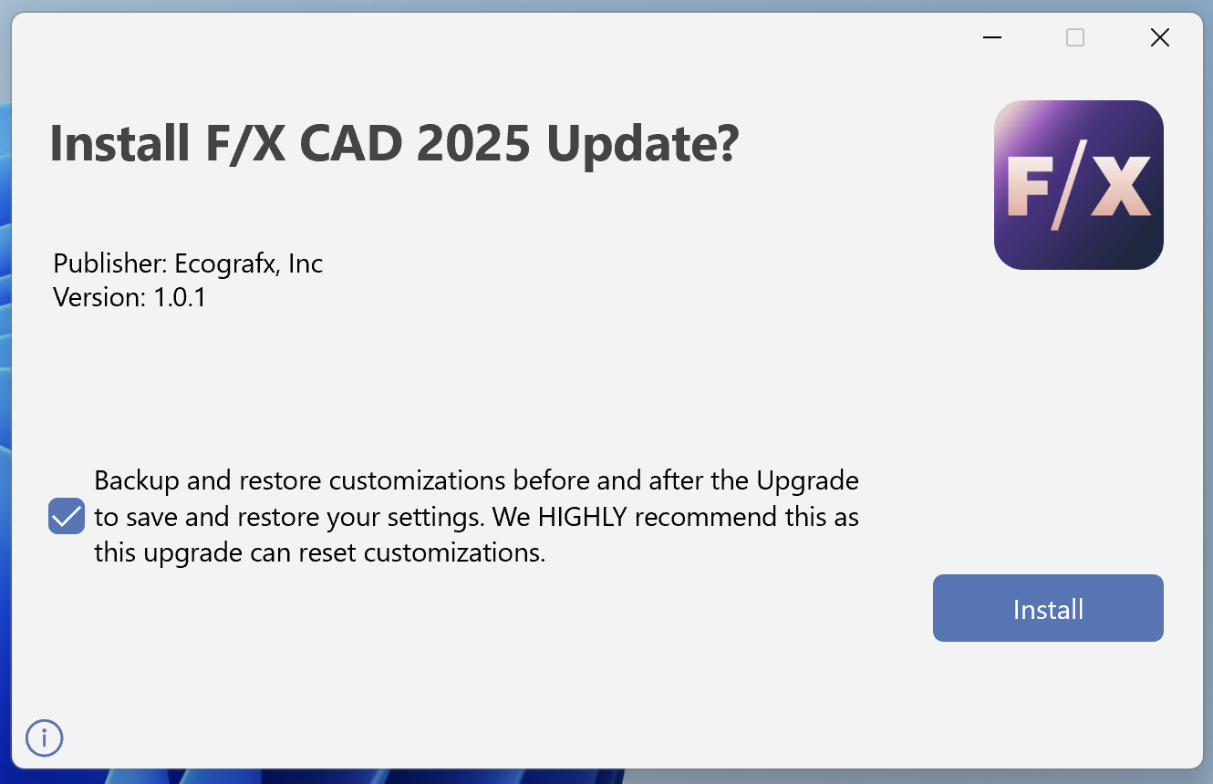 Install prompt for F/X CAD 2025 Updater