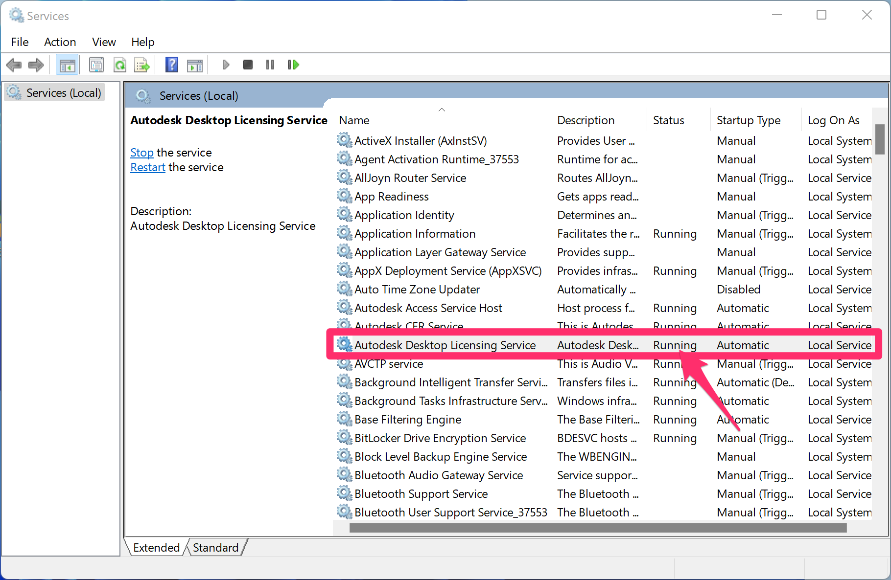 Autodesk Desktop Licensing Service shown in Windows Services