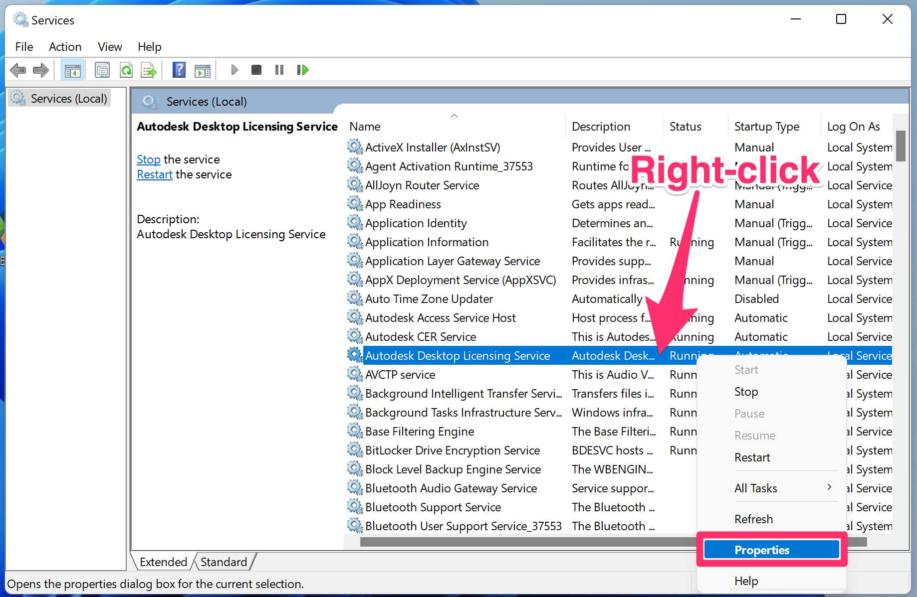 Properties shown on right-click me u for Autodesk Desktop Licensing Service