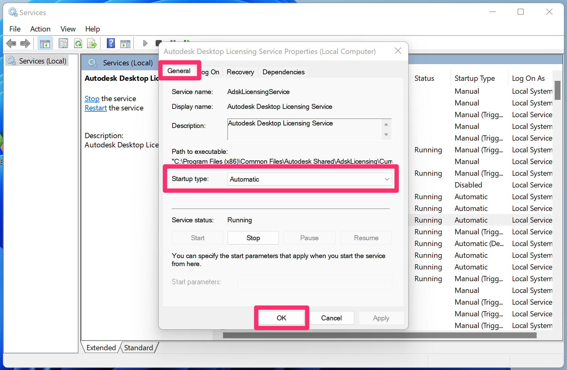 Autodesk Desktop Licensing Service shown in Windows Services