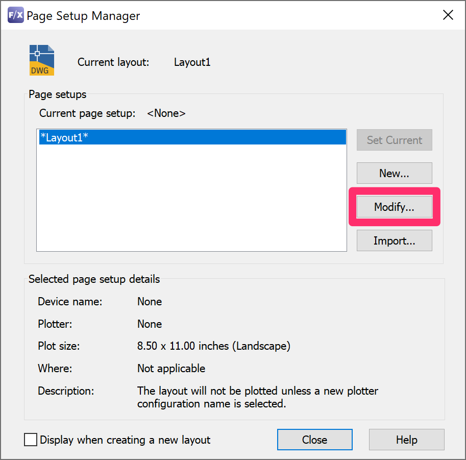 Page Setup Manager, Modify button