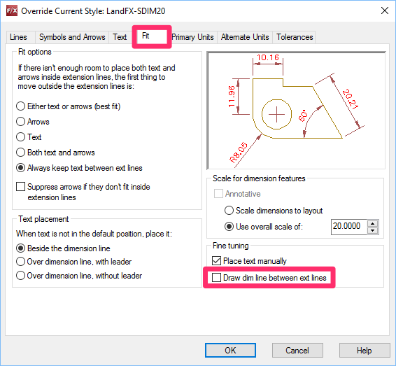 Modify Dimension Style dialog box, Fit tab, unchecking the option to Draw dim line between ext lines