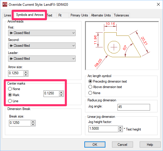 Modify Dimension Style dialog box, Symbols and Arrows tab