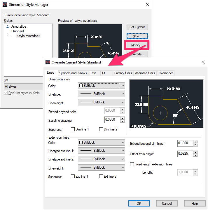 Dimension Style Manager, Modify button