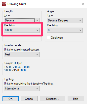 Drawing Units dialog box, Precision setting