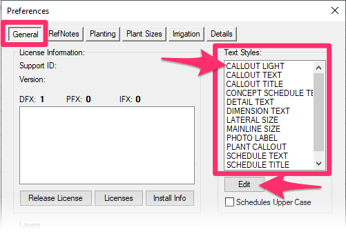 Editing the Callout Light Text Style from the General Preferences screen