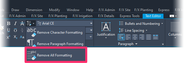 Text Editor ribbon, Remove all formsatting menu option