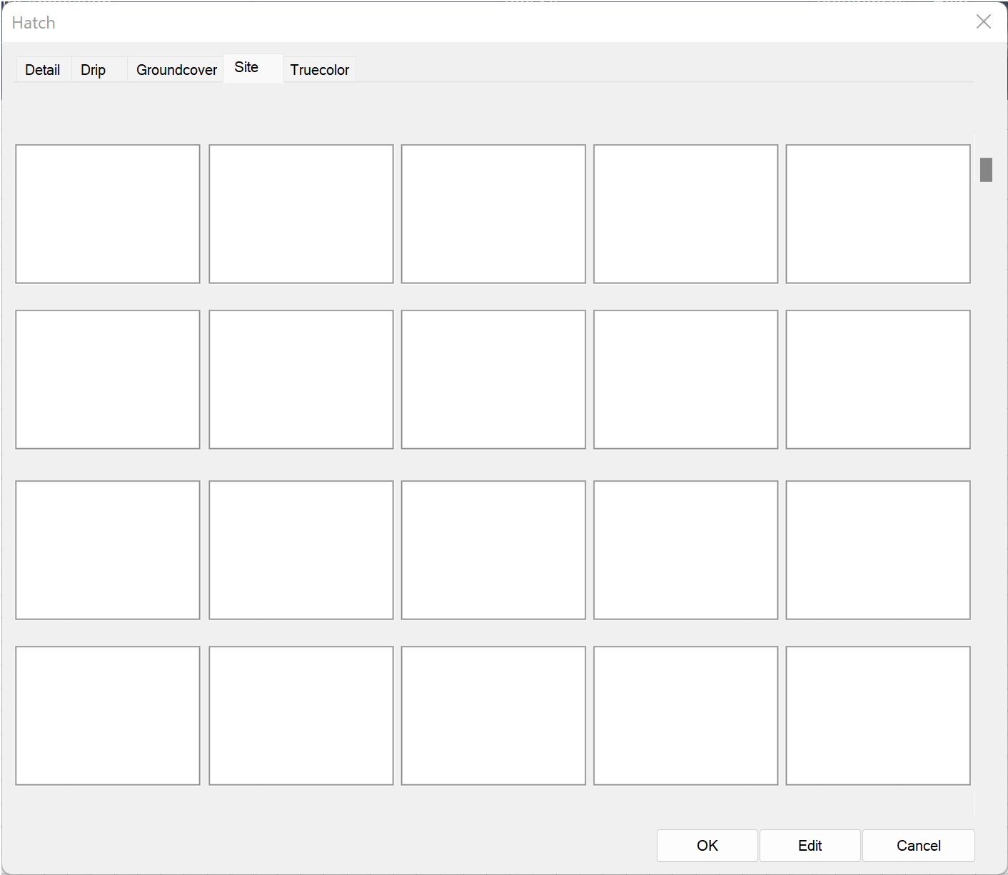 Hatch dialog box with blank preview thumbnail slides