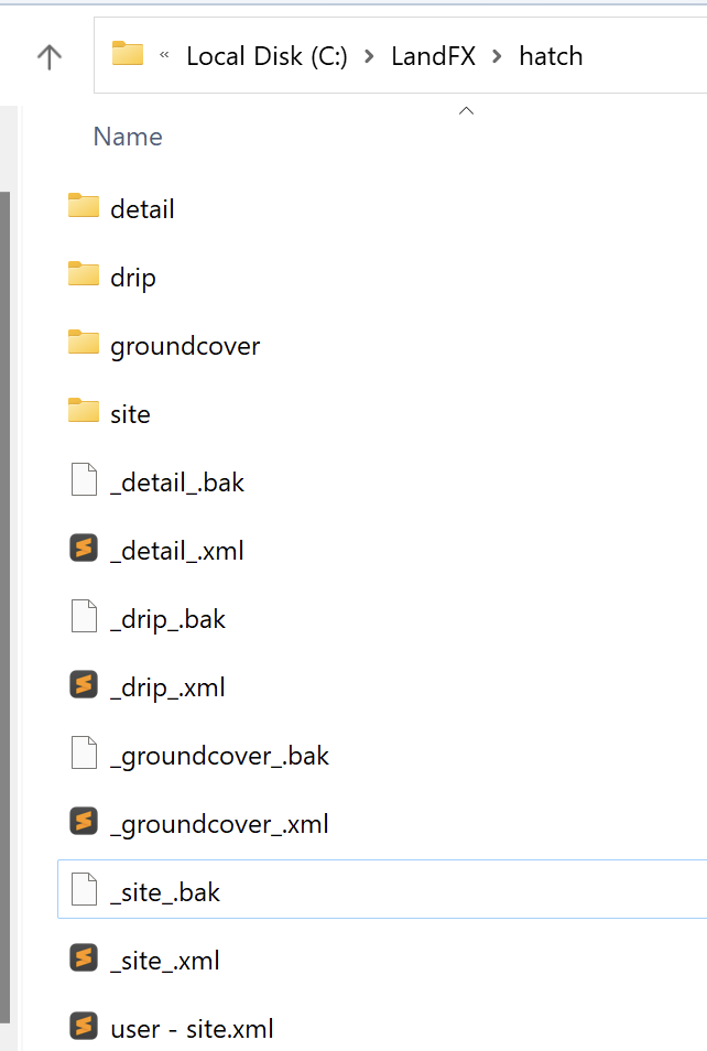 XML files in the LandFX\Hatch folder