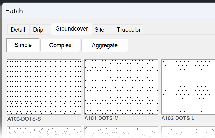 Updated Hatch dialog box showing Groundcover hatch subcategories