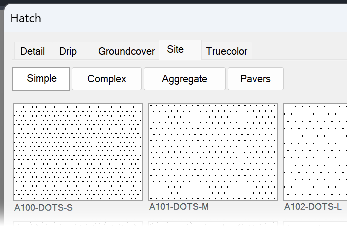 Updated Hatch dialog box showing Site hatch subcategories