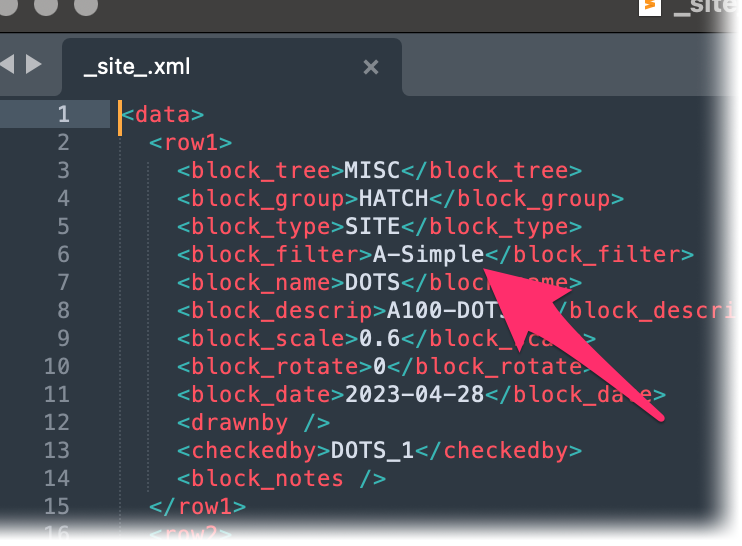 Changing the block_filter row value for a hatch in the user - site.xml file opened in a Notepad file to a default Land F/X location, example 1