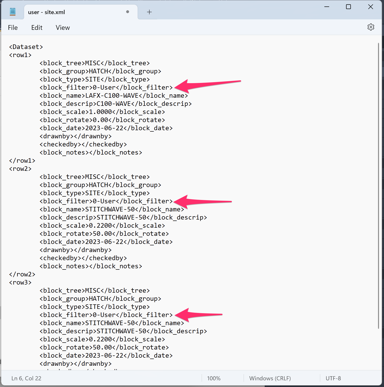 user - site.xml file opened in a Notepad file, showing block_filter rows