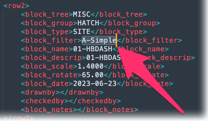 Changing the block_filter row value for a hatch in the user - site.xml file opened in a Notepad file to a default Land F/X location, example 2