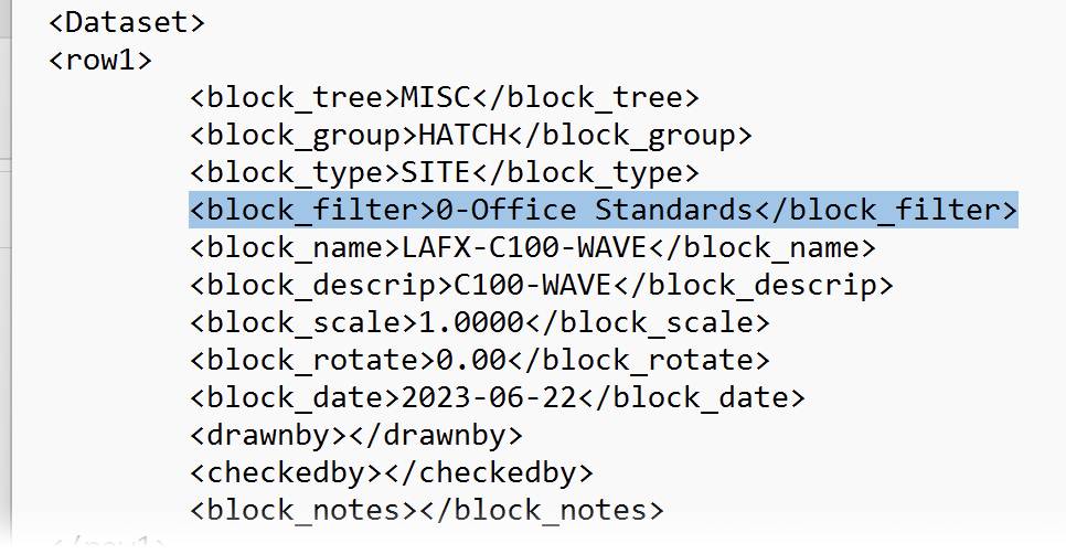 Changing the block_filter row value for a hatch in the user - site.xml file opened in a Notepad file