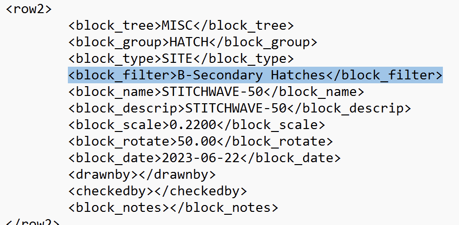 Changing the block_filter row value for another hatch in the user - site.xml file opened in a Notepad file