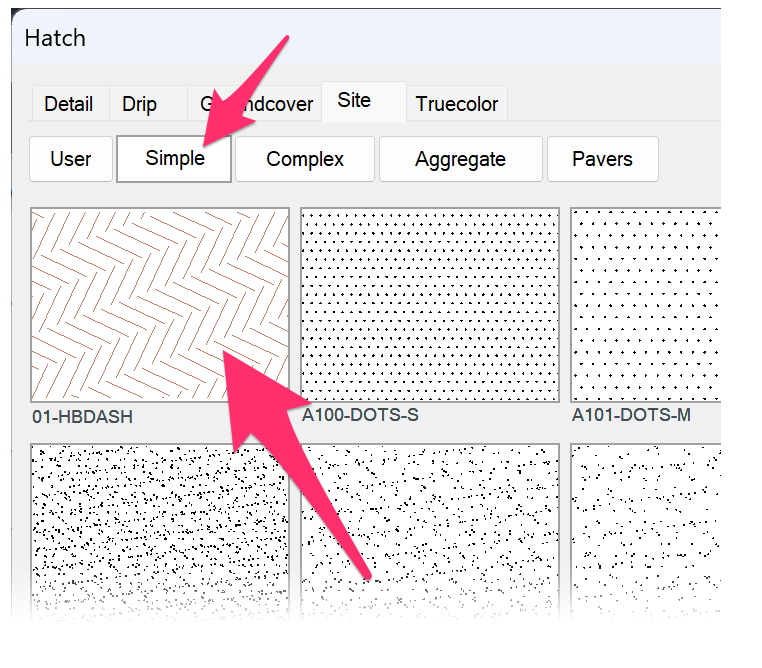 Hatch dialog box showing custom hatch pattern saved into default Land F/X hatch type and subcategory