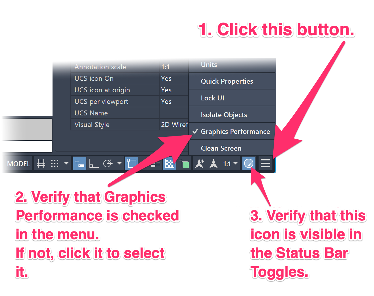 Graphics Performance menu item and button in the Status Bar Toggles