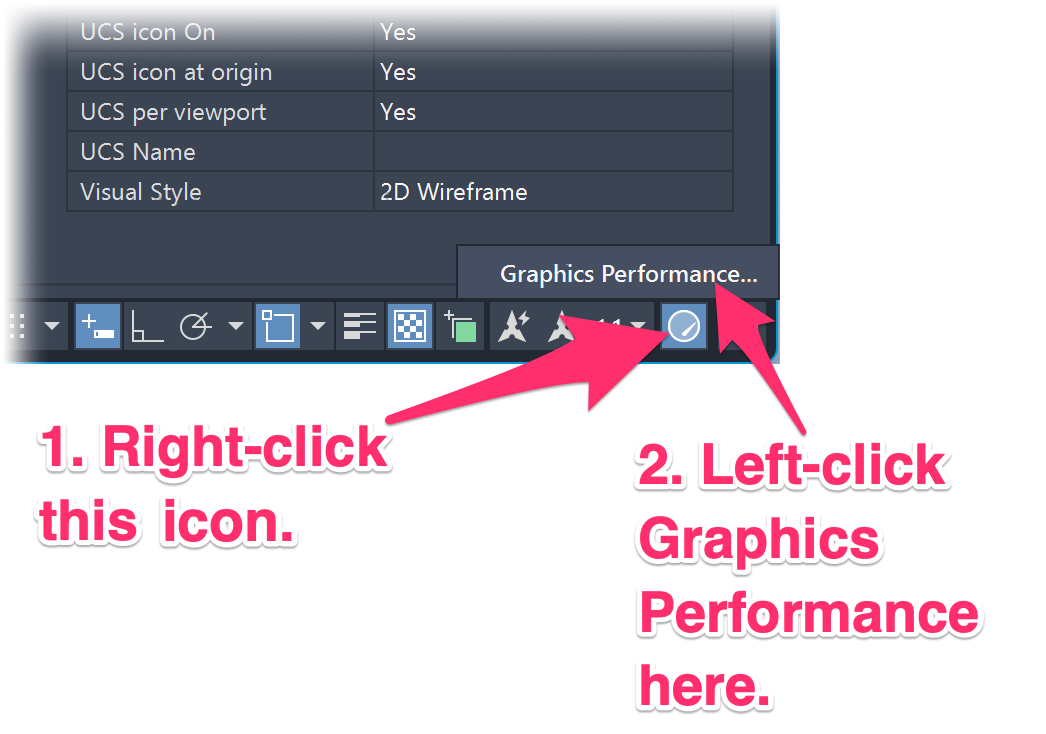 Selecting the Graphics Performance setting in the Status Bar Toggles