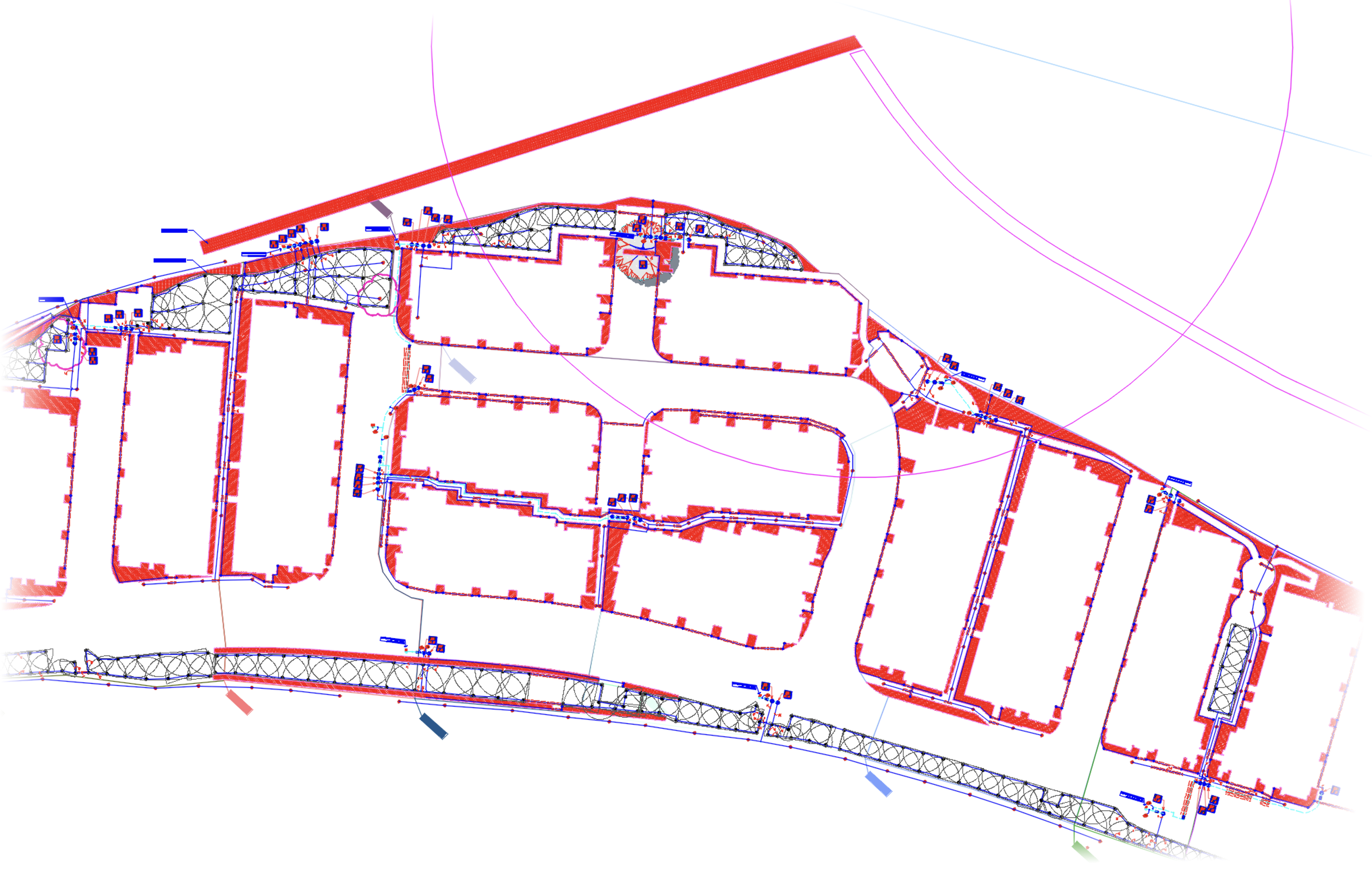 Example showing several small hatched areas with fragmented hatch patterns