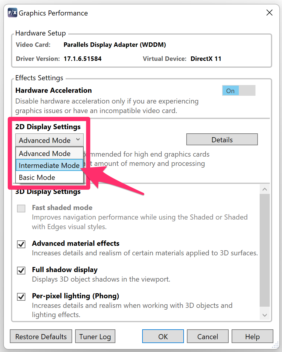 Graphics Performance settings, 2D Display Settings set to Intermediate Mode