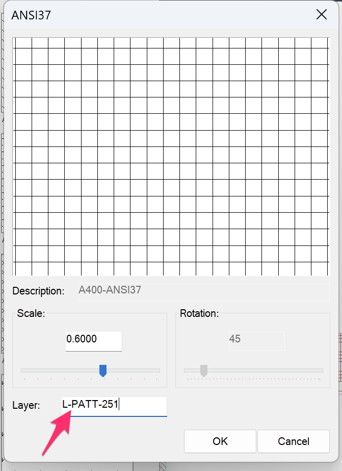 Pasting a layer name into the Layer field in the dialog box for editing a hatch