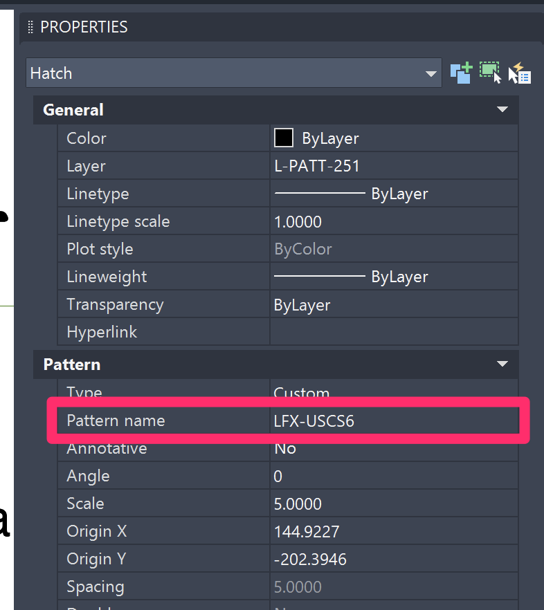 Example hatch pattern name in the Properties panel