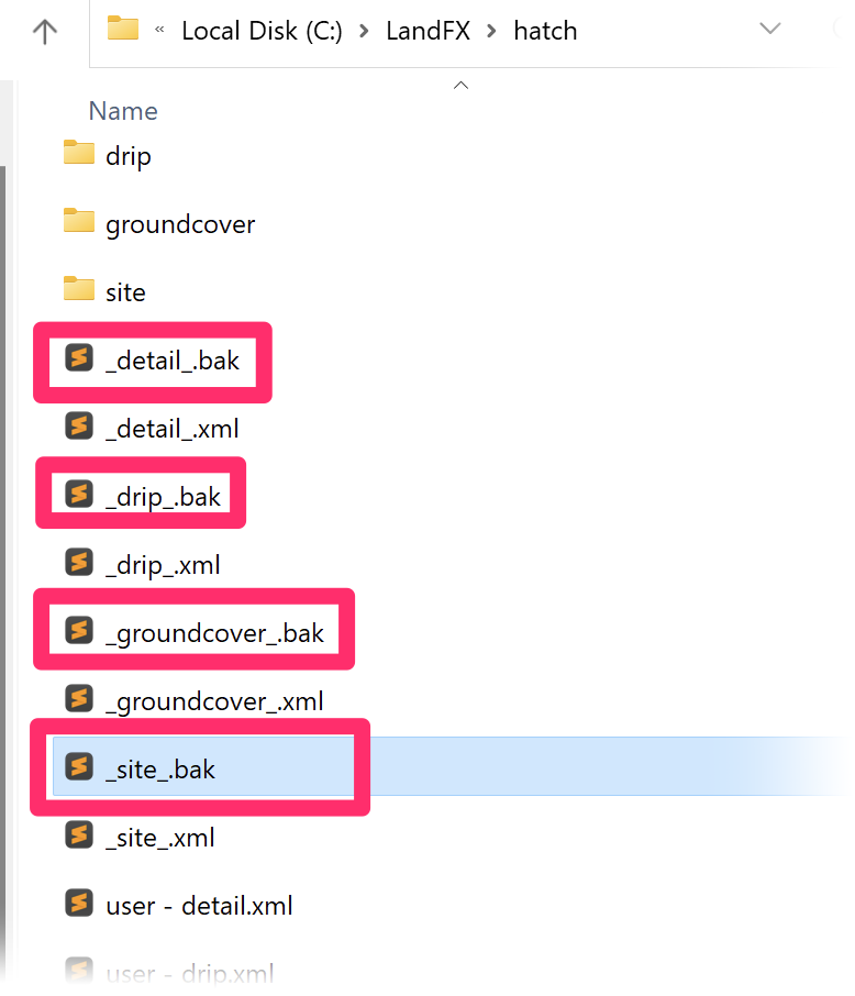 BAK files in the folder LandFX\Hatch