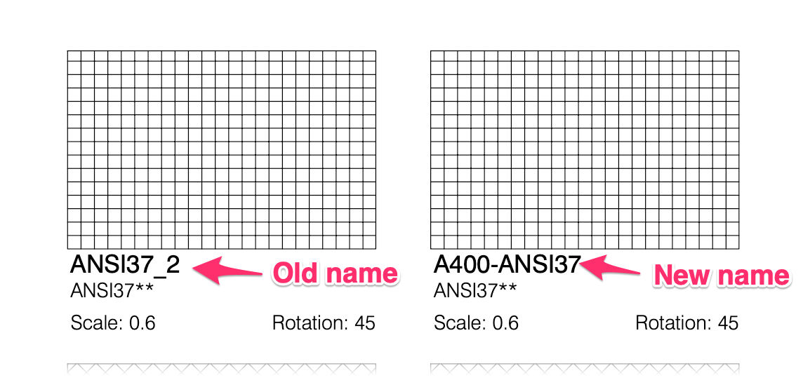 Example of old and new hatch pattern names in the downloaded hatch patterns PDF